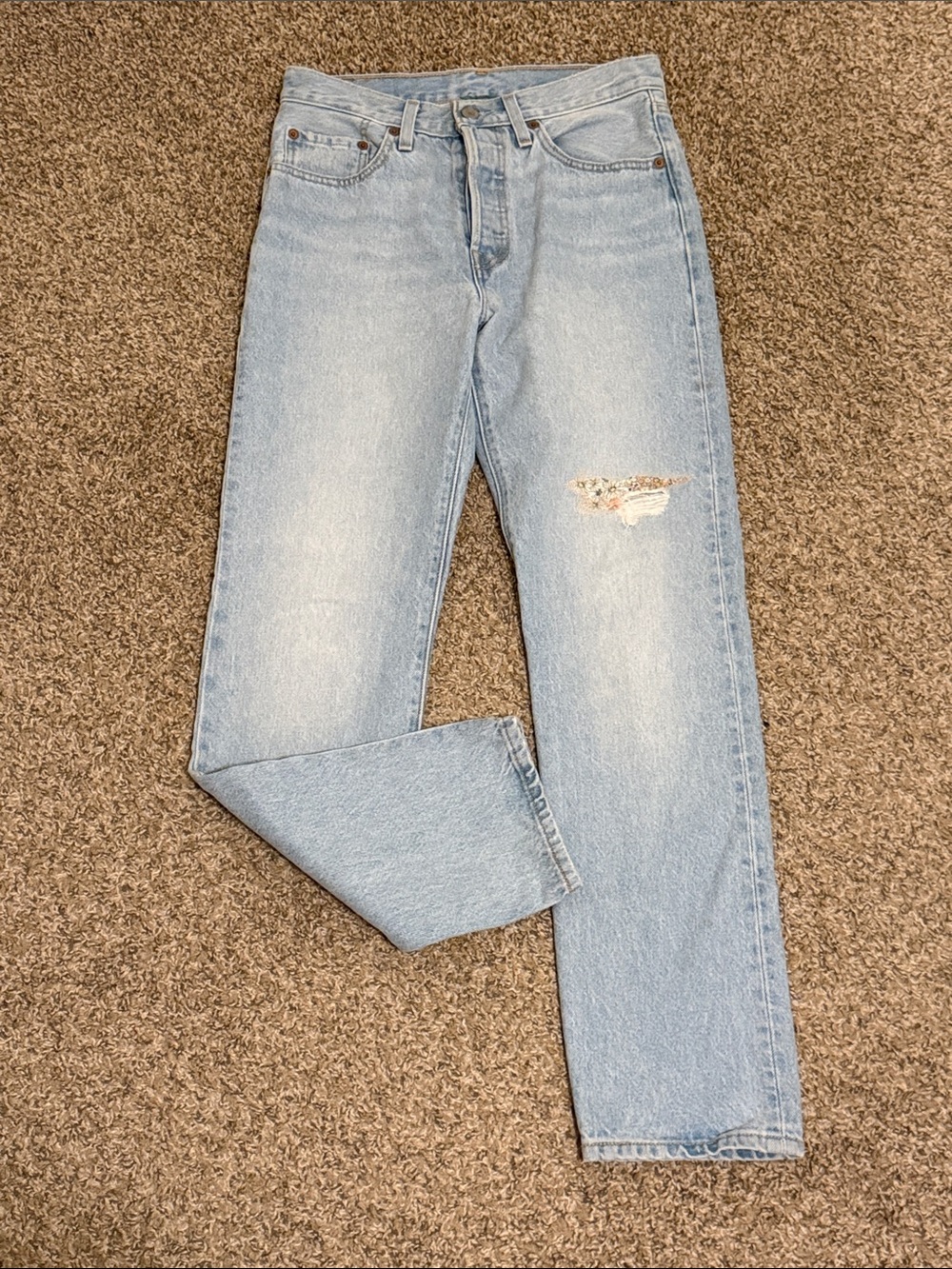 Levi's 501 100% Cotton Button Fly Light Blue Straight Leg Floral Patch Jeans
